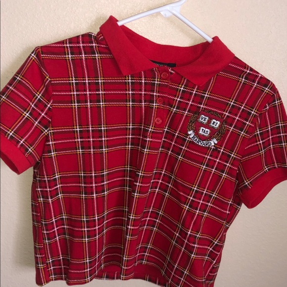 Harvard plaid red slightly cropped polo - Picture 1 of 2